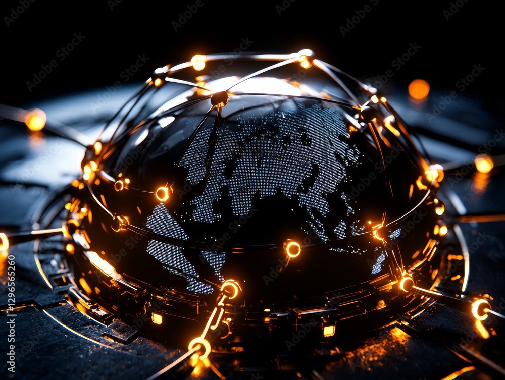 Poster global network connection illuminates the world digital globe technology dark environment close-up v