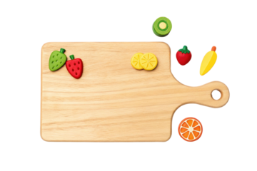 Colorful fruit play set on a wooden cutting board for imaginative kitchen activities and educational fun, cut out