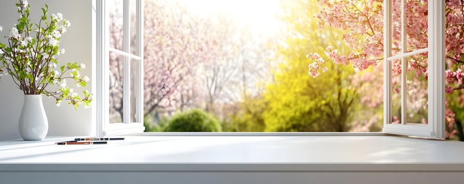 Bright window showcases spring blossoms with vase and pens indoors