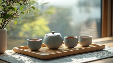 Obraz premium Serene Tea Setup with Teapot and Cups on Wooden Tray by Window in Natural Light