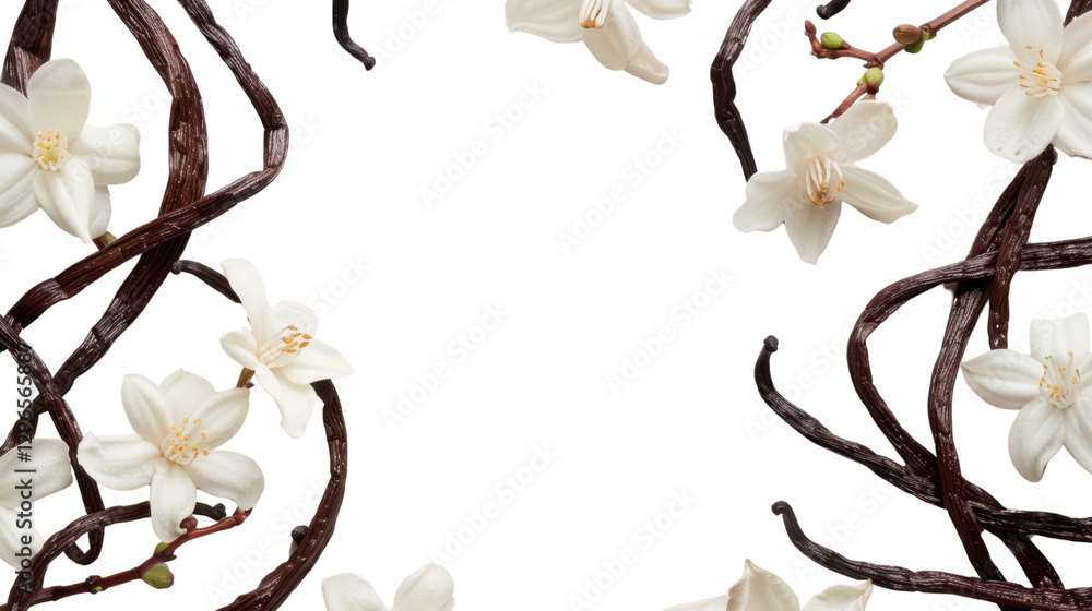 Poster vanilla pods and flowers creating a border on transparent background