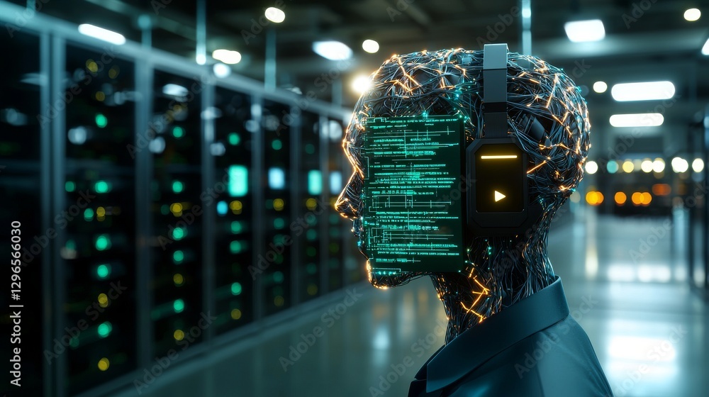 Poster futuristic ai robot listening to data streams in a high-tech server room digital art cybernetic envi