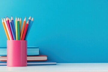 Fototapeta premium Brightly colored pencils are arranged in a pink holder on a desk, against a vivid blue wall. Generated AI