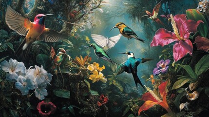Colorful Hummingbirds and Tropical Flowers in Lush Jungle Illustration