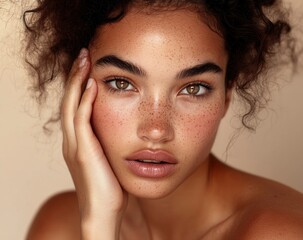 Close-up portrait of a mixed-race woman with her hand on her face, a beauty photography shoot, soft lighting, beige background, high fashion, minimal makeup, glossy skin
