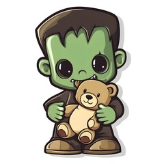Naklejka premium Adorable Cartoon Frankenstein Holding Teddy Bear, Simple Line Art, High Contrast, Vibrant Colors, White Background