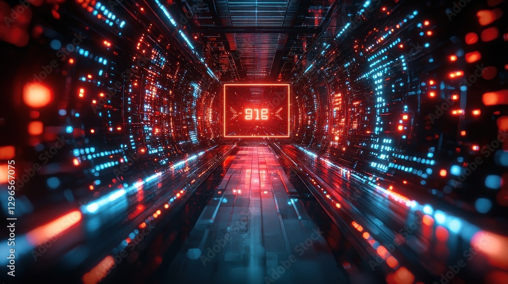 Poster navigating a futuristic data tunnel with glowing red and blue lights