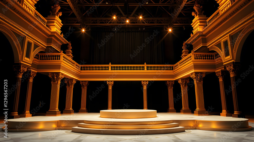 Poster an exquisite golden stage with a classic design. the stage is illuminated and ready for a grand perf