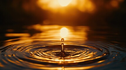 Water Drop Creating Ripples with Golden Light Reflections at Sunset