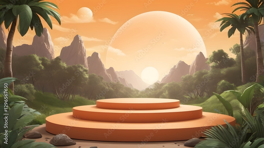 Aufkleber an empty round stage with layers in the middle of the nature in an cartoon image 