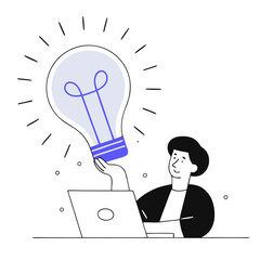 A person sits in front of a laptop, holding a large light bulb above their head. The image symbolizes innovative thinking and creative ideas in a work environment
