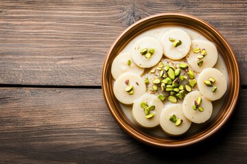 A bowl of traditional Indian dessert garnished with crushed pistachios, served on a wooden table.