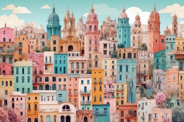 Fototapeta premium Colorful historic buildings fill the skyline of a vibrant city on a sunny day with artistic architecture and unique designs