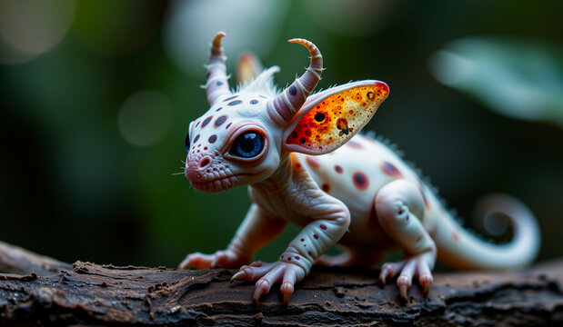 a toy dragon sitting on top of a piece of wood next to a plant