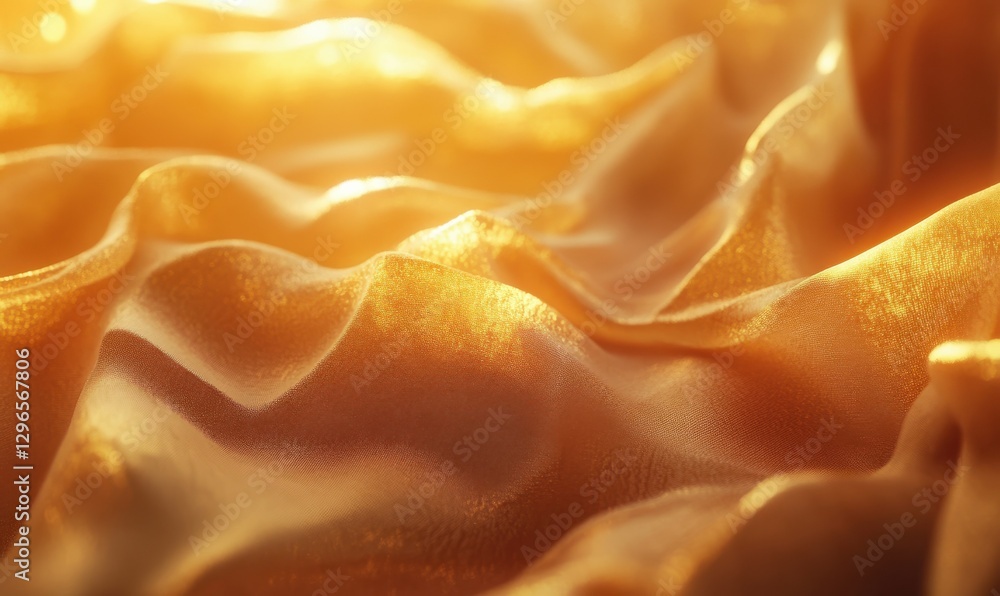 Poster luxurious golden silk fabric with soft flowing folds illuminated by warm light, creating a rich and 