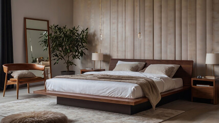 modern, comfortable bed for bedroom, elegant bedroom, beautiful furniture, stylish interior 