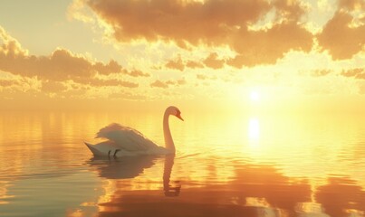 Naklejka premium Graceful swan swimming across a calm lake at sunset, golden hues reflecting on the water creating a serene and elegant wildlife scene