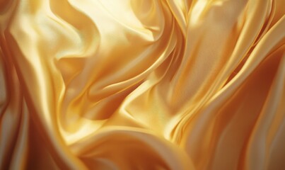 Obraz premium Luxurious golden satin fabric with smooth folds illuminated by soft warm light, creating depth and a refined tactile texture,