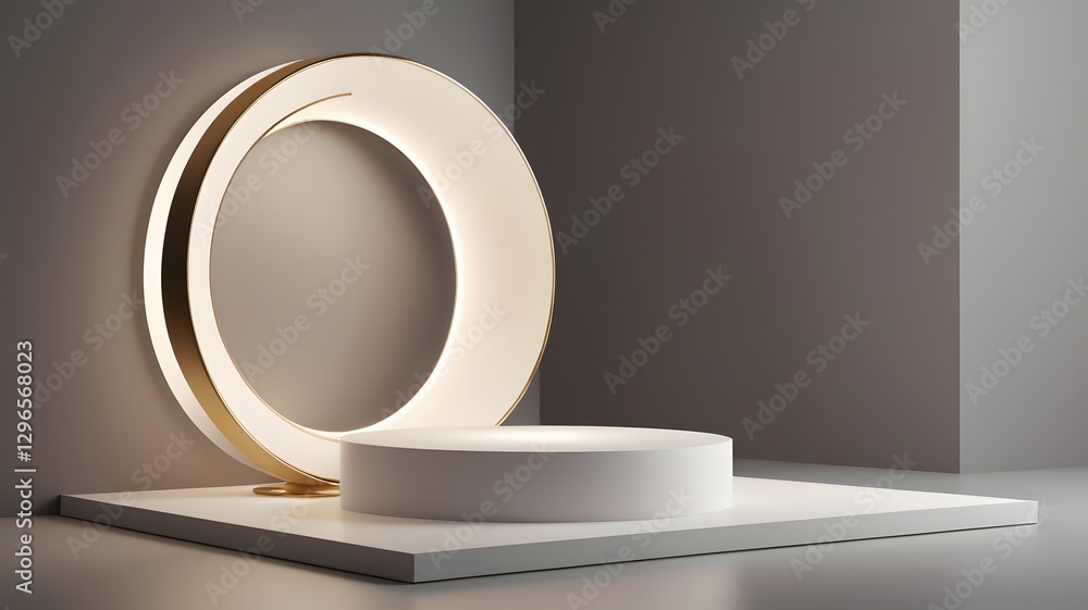 Poster a minimalist podium with a circular light. the lighting highlights the sleek, modern design. the com