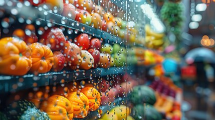 Fresh Produce Display Behind Rain-Drenched Glass in Urban Market