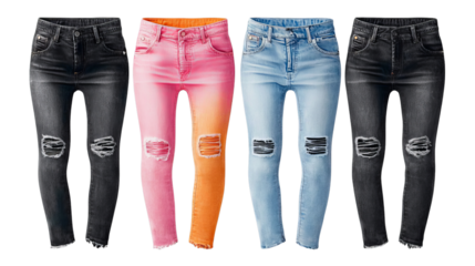 Png of Trendy Ripped Skinny Jeans – Black, Ombre, and Light Wash Denim Styles on transparent background.