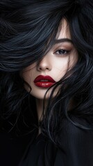 Fototapeta premium A woman with long black hair and red lipstick