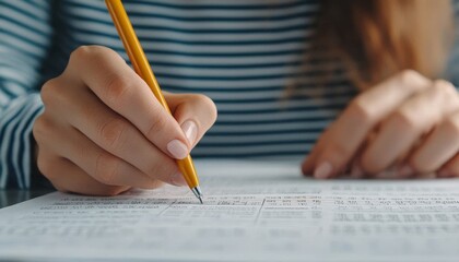 A close-up of a person"s hand holding a pencil, writing on a sheet of paper filled with text, showcasing focus and concentration.