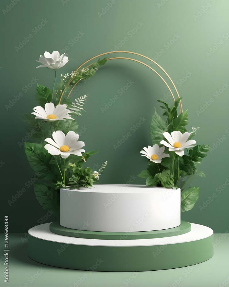 Poster a floral display on a podium for product presentation, white flowers are arranged around the display