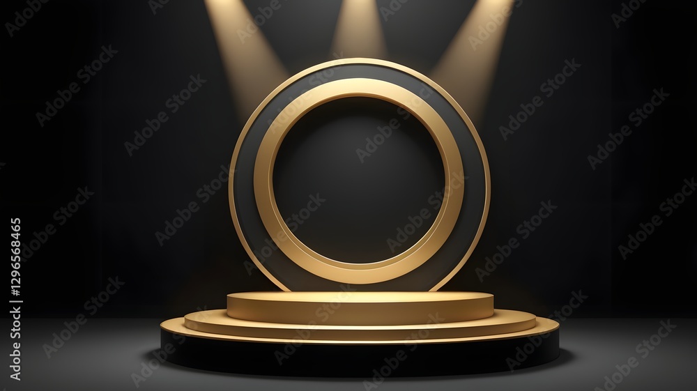 Poster a golden stage with a circular shape and a spotlight from above, ready for a presentation or performance