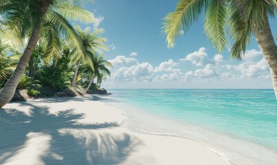 peaceful beach with crystal-clear turquoise water gently lapping against soft white sand, palm trees swaying in the breeze under a sunny blue sky