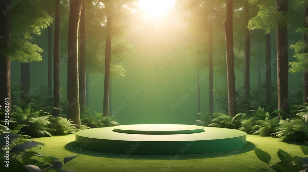 Aufkleber a forest with a circular platform for product display in the middle of the woods. the sunlight creates a peaceful setting.