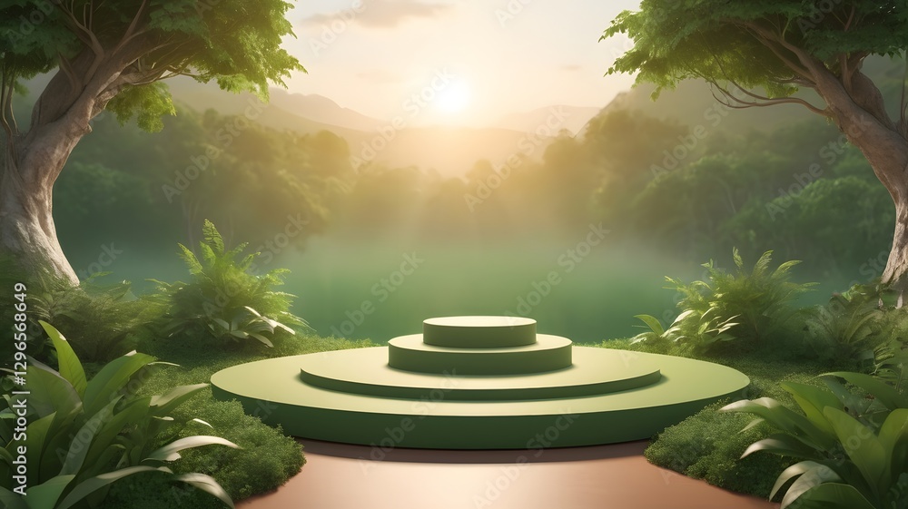 Poster a serene platform in the middle of a vibrant forest, bathed in the soft glow of sunlight. this image