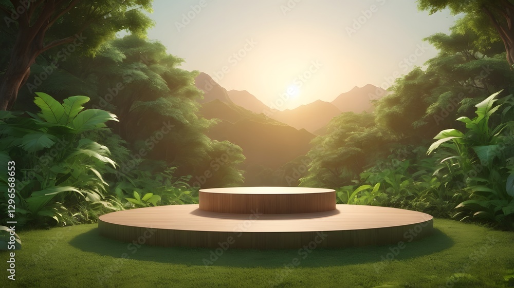 Poster an empty product display stage in the middle of a forest clearing during a sunrise, the forest fille