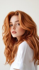 Naklejka premium A woman with red hair is standing in front of a white background