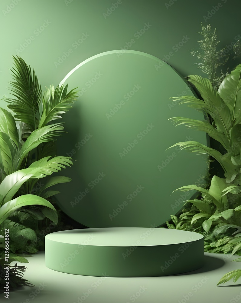Poster a verdant round podium with tropical foliage background for product display. the scene is filled wit