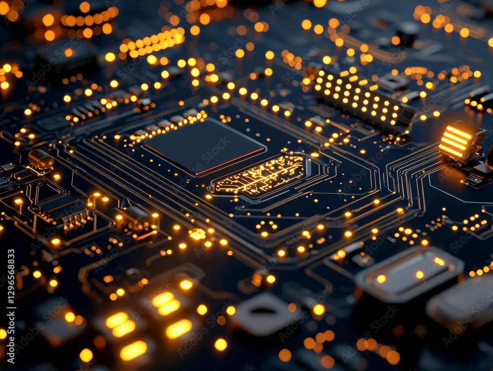 Poster illuminated circuit board close-up technology lab close-up photography high-tech environment macro v
