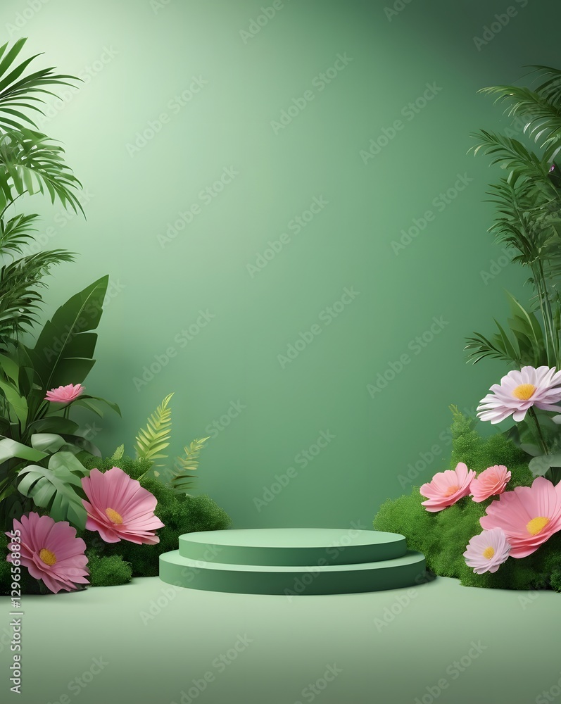 Poster a green podium for product display in front of a lush tropical forest. the podium is composed of two