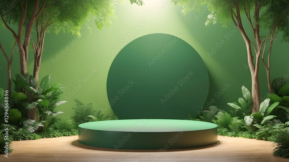 Poster a green product display podium stage surrounded by plants and trees with spotlight on product