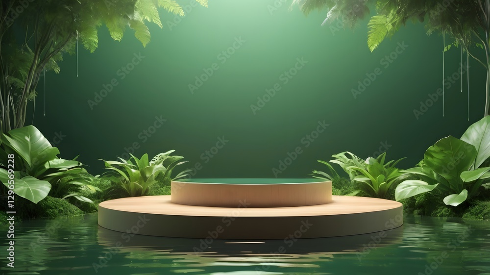Poster a wooden podium set on a surface of water with surrounding lush greenery creating a serene environment