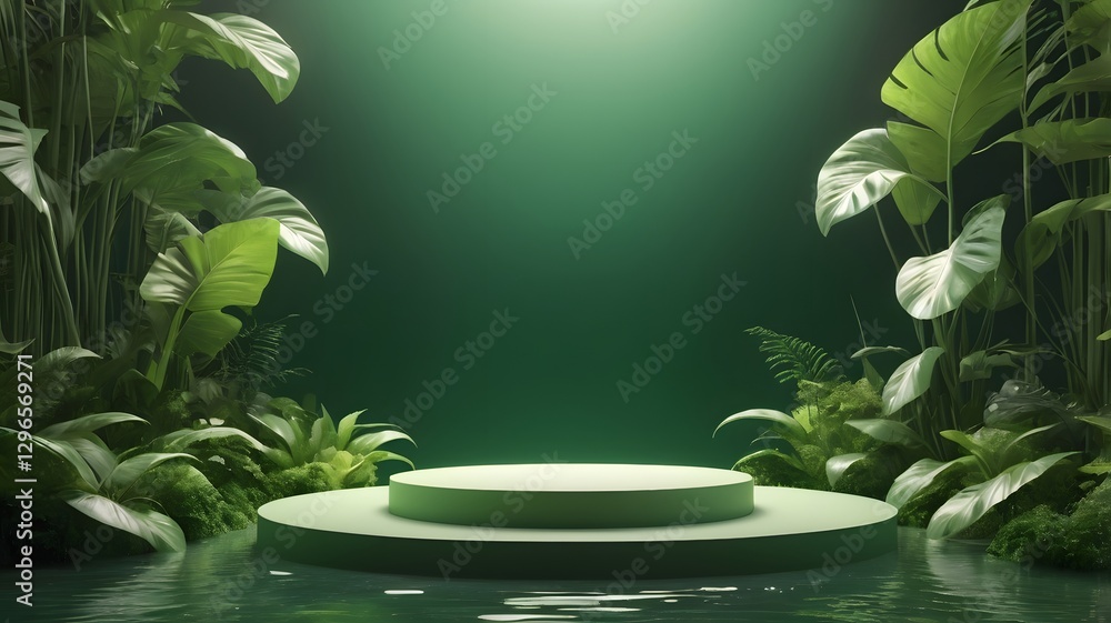 Poster a lush, vibrant, and serene platform surrounded by greenery, creating a perfect setting for product display or presentation. The image captures the essence of nature
