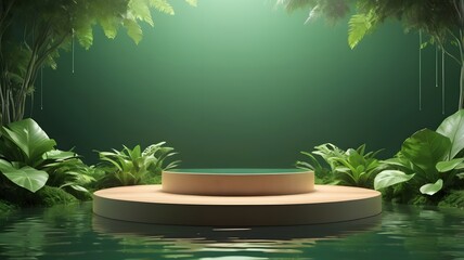 a wooden podium set on a surface of water with surrounding lush greenery creating a serene environment