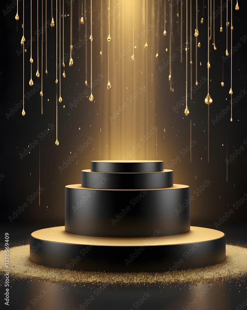 Poster a golden light shining down on a black podium, creating a glamorous and elegant stage for presentati