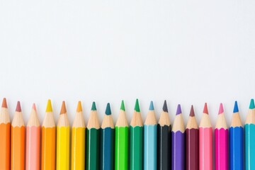 A spectrum of colorful pencils aligned at the bottom edge of a white background, top is empty