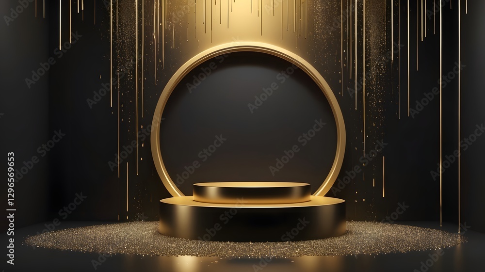 Poster a golden product display podium with an illuminated backdrop, perfect for showcasing products