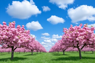 Naklejka premium A large orchard with rows of apple trees in full bloom during harvest season