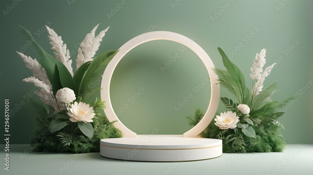 Poster a minimalistic product display with a circular backdrop and floral arrangements. It provides a clean and modern aesthetic with botanical elements, perfect for showcasing items