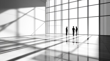 Modern office space, three figures, bright sunlight. Interior, business meeting. Possible use stock photo for architecture, design, or business