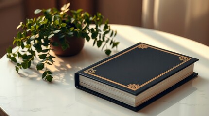 Art photograph of a book on a table, leaves in a vase plant 