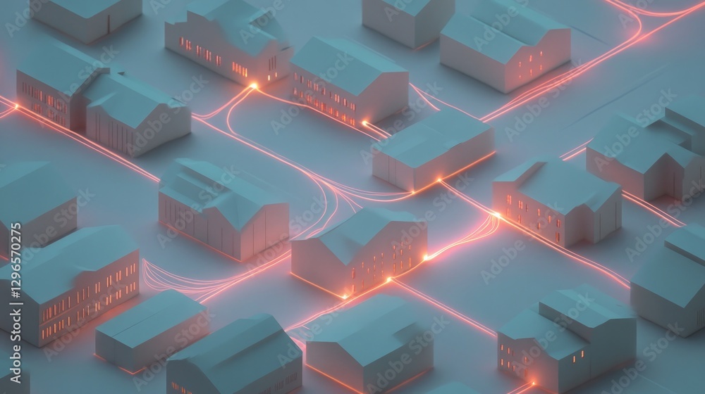 Poster concept illustration of smart grid system where buildings are interconnected with glowing energy pat