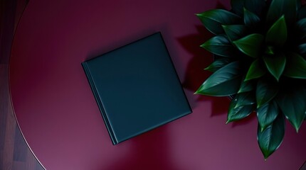  Art photograph of a book on a table, leaves in a vase plant 